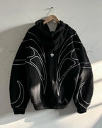 Striped splicing embroidery oversized hoodie American new clothing high street trend brand double zipper black zipper sweatshirt