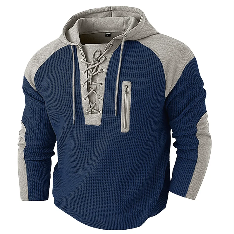 Spring Autumn Men's Casual Hooded Sweatshirt Vintage Patchwork Casual Sports Sweatshirts Mlae Fashion Drawstring Pullover Hoodie